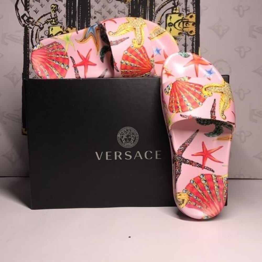 New Authentic Versace Trésor de la Mer Slide Sandals – Women, Starfish Print